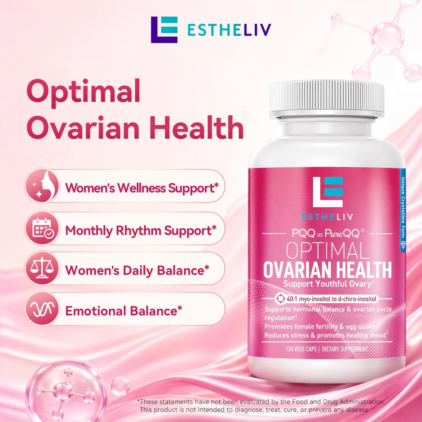 ESTHELIV Optimal Ovarian Health Myo-Inositol + D-Chiro & PQQ Capsules 120