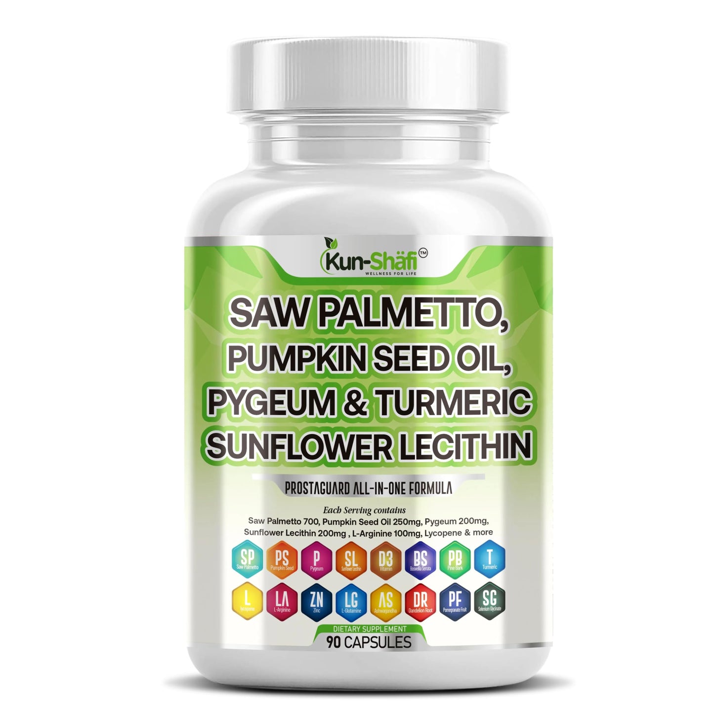 Kun Shafi Saw Palmetto with Stinging Nettle, Pygeum, Pumpkin Seed, Sunflower Lecithin, Turmeric & Ashwagandha Prostate Support Capsules, 90 Count