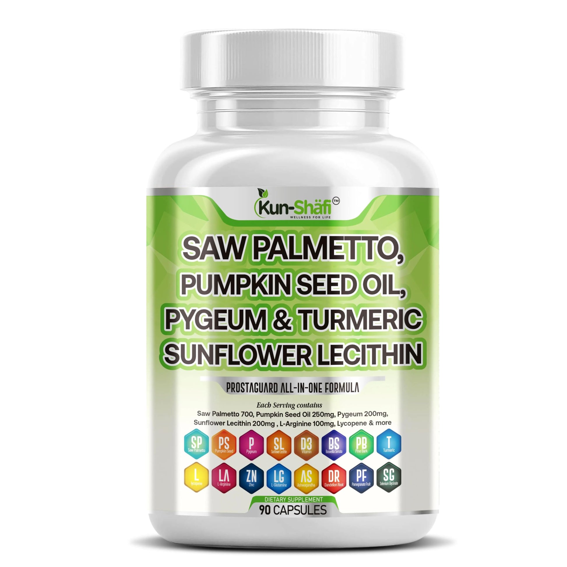 Kun Shafi Saw Palmetto with Stinging Nettle, Pygeum, Pumpkin Seed, Sunflower Lecithin, Turmeric & Ashwagandha Prostate Support Capsules, 90 Count