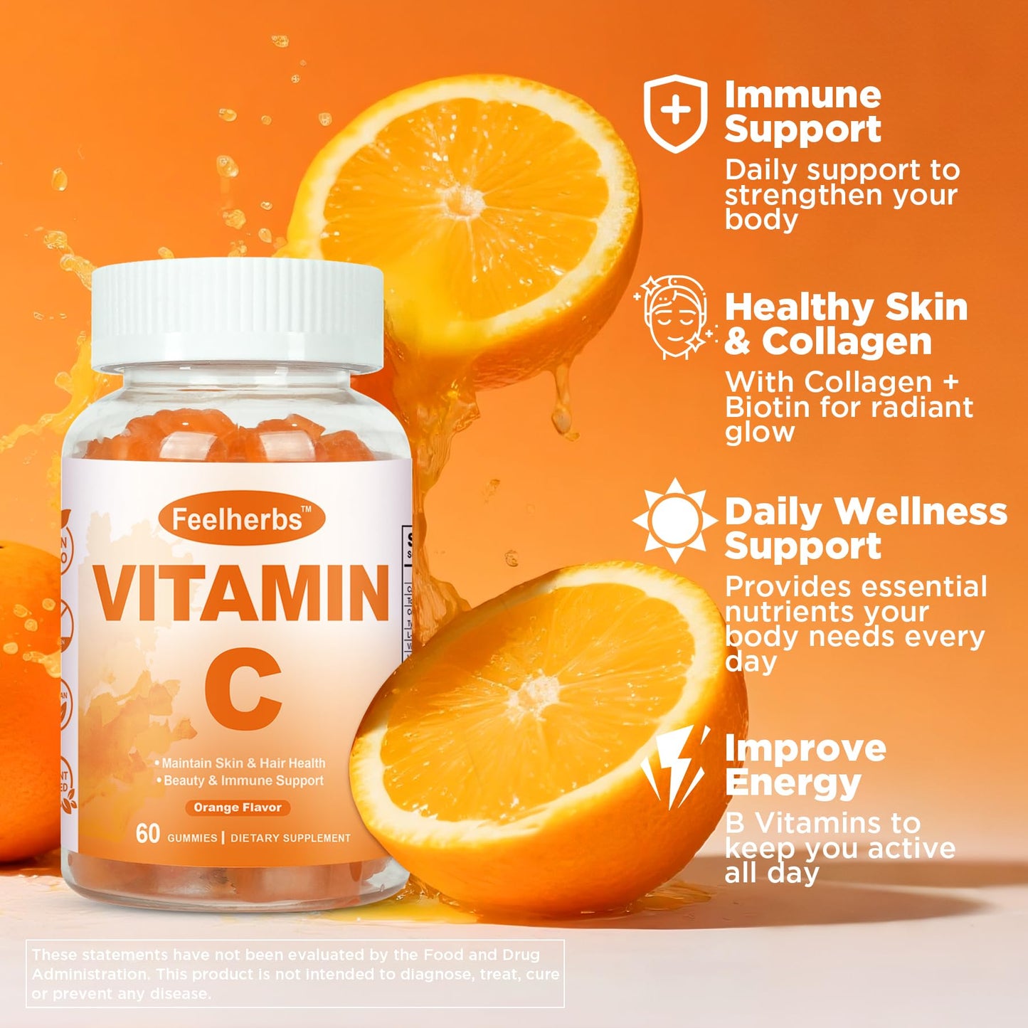 Feelherbs Chewable Vitamin C Gummies 240mg, Natural Orange Flavor, 60 Gummies