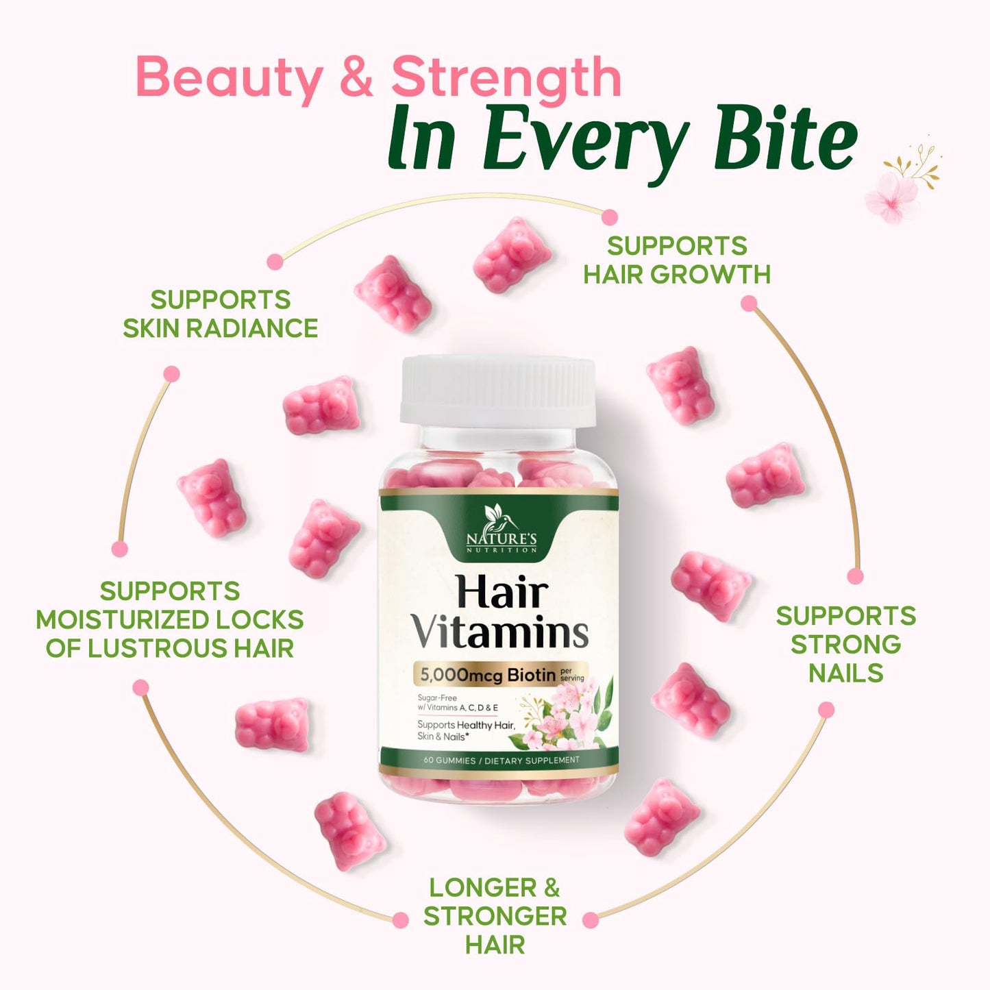 Nature's Nutrition Hair Vitamins with Biotin 5000 mcg Gummy, 60 Gummies