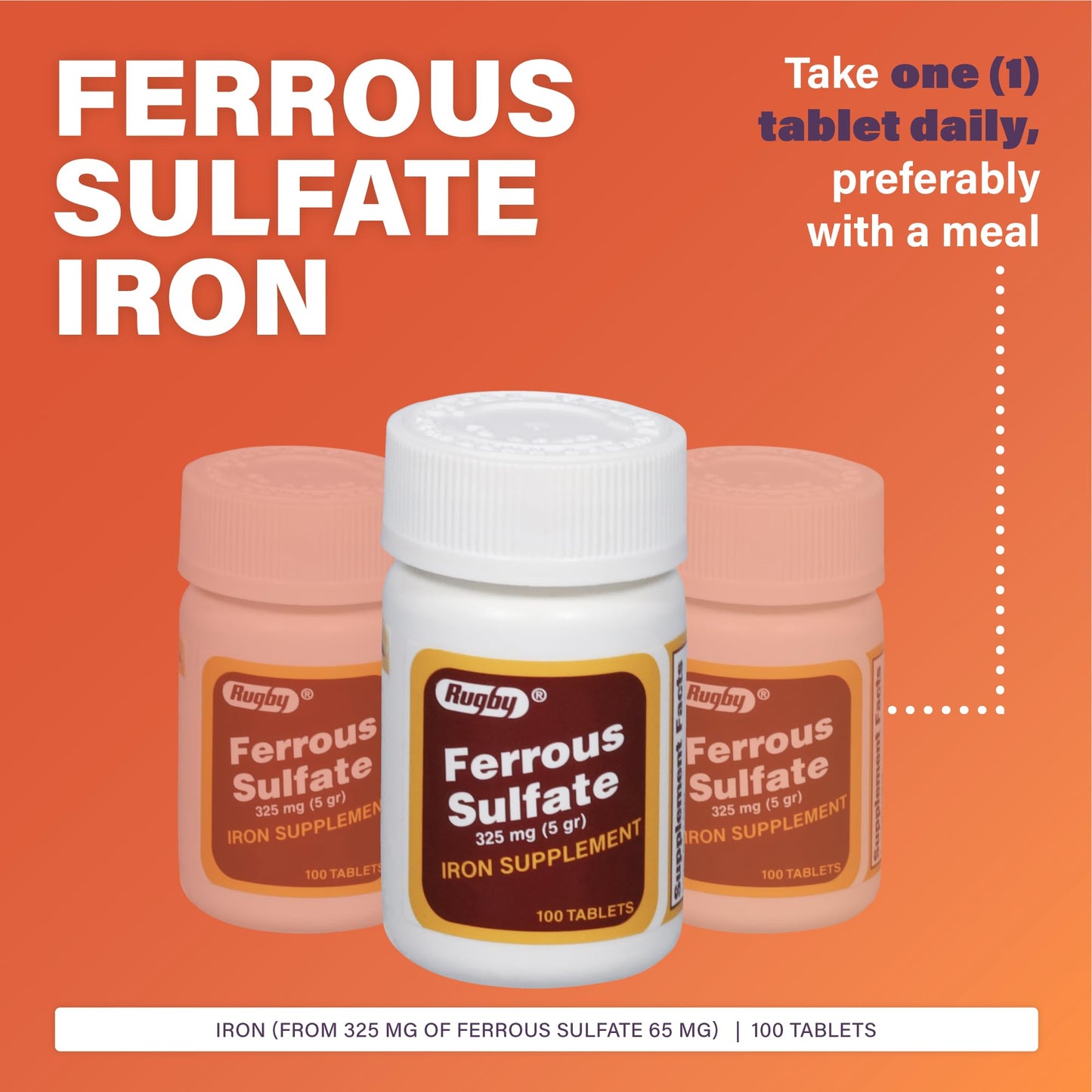 Rugby Laboratories Ferrous Sulfate 325mg Tablets, 100 Count