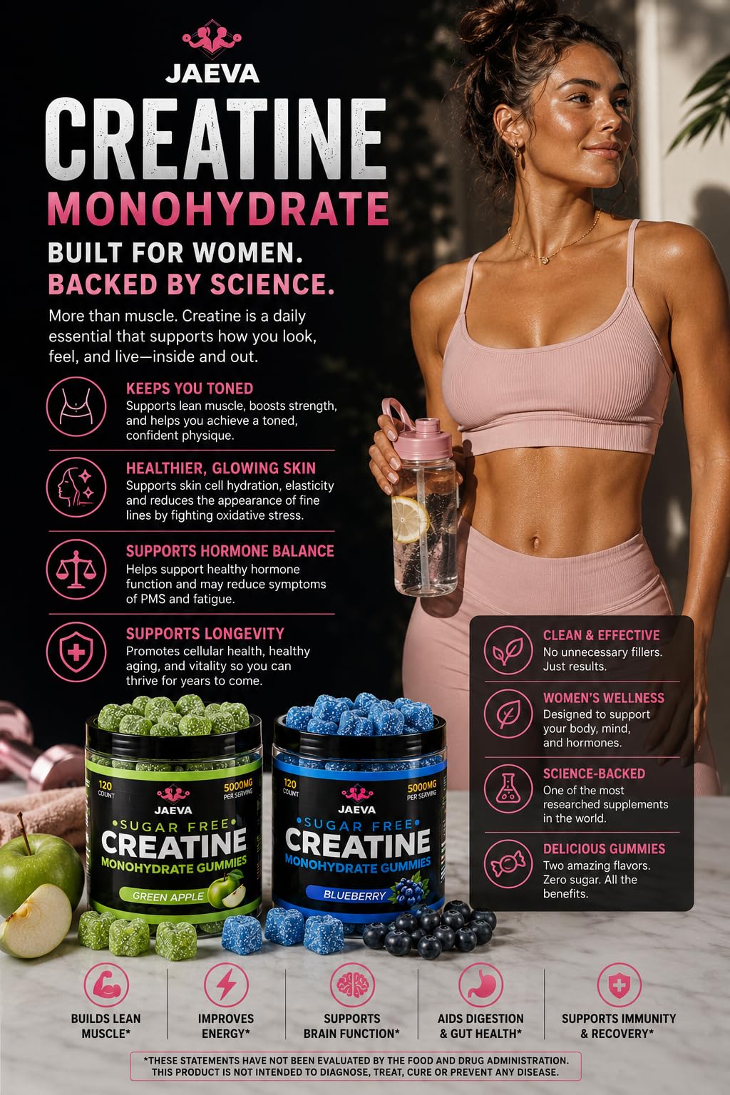 Jaeva Sugar Free Creatine Monohydrate Gummies, 120 Count