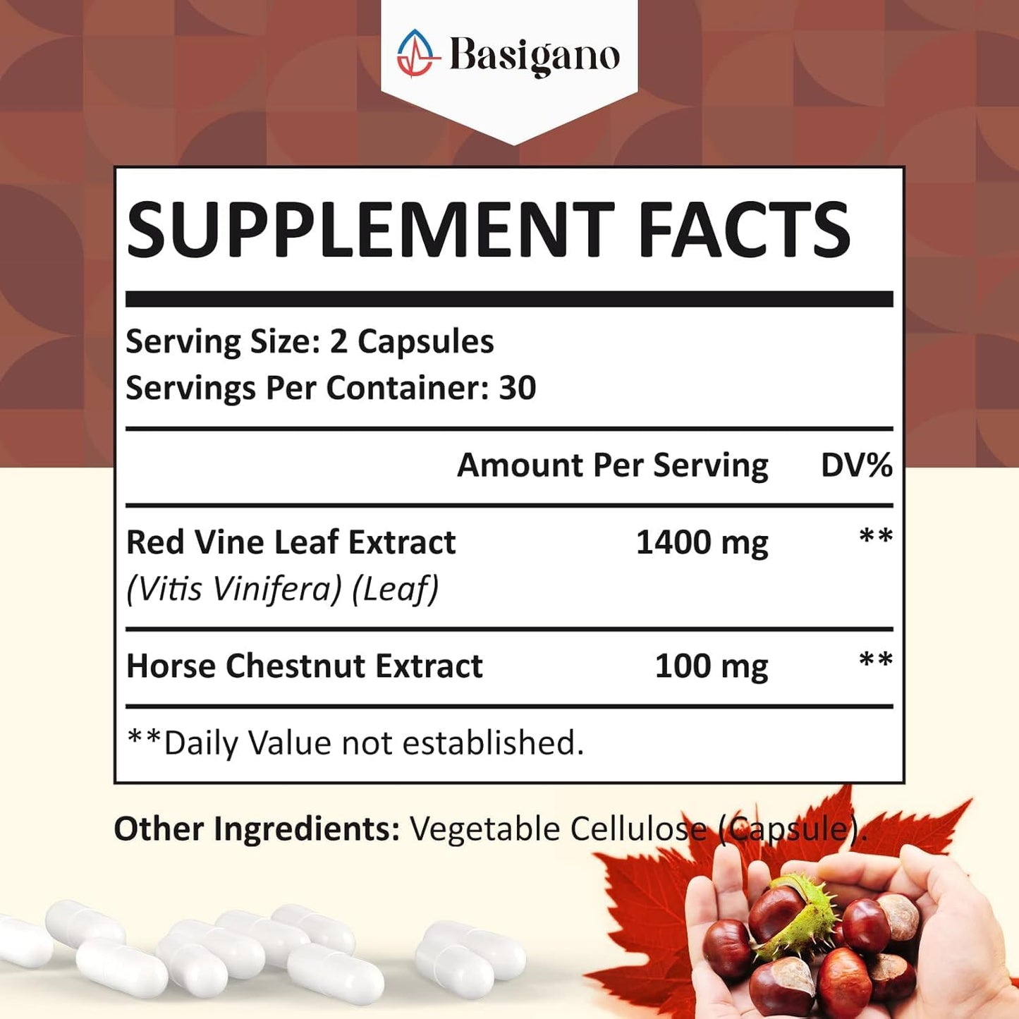 Basigano Red Vine Leaf & Horse Chestnut Extract 1500mg Capsule, 60 Count