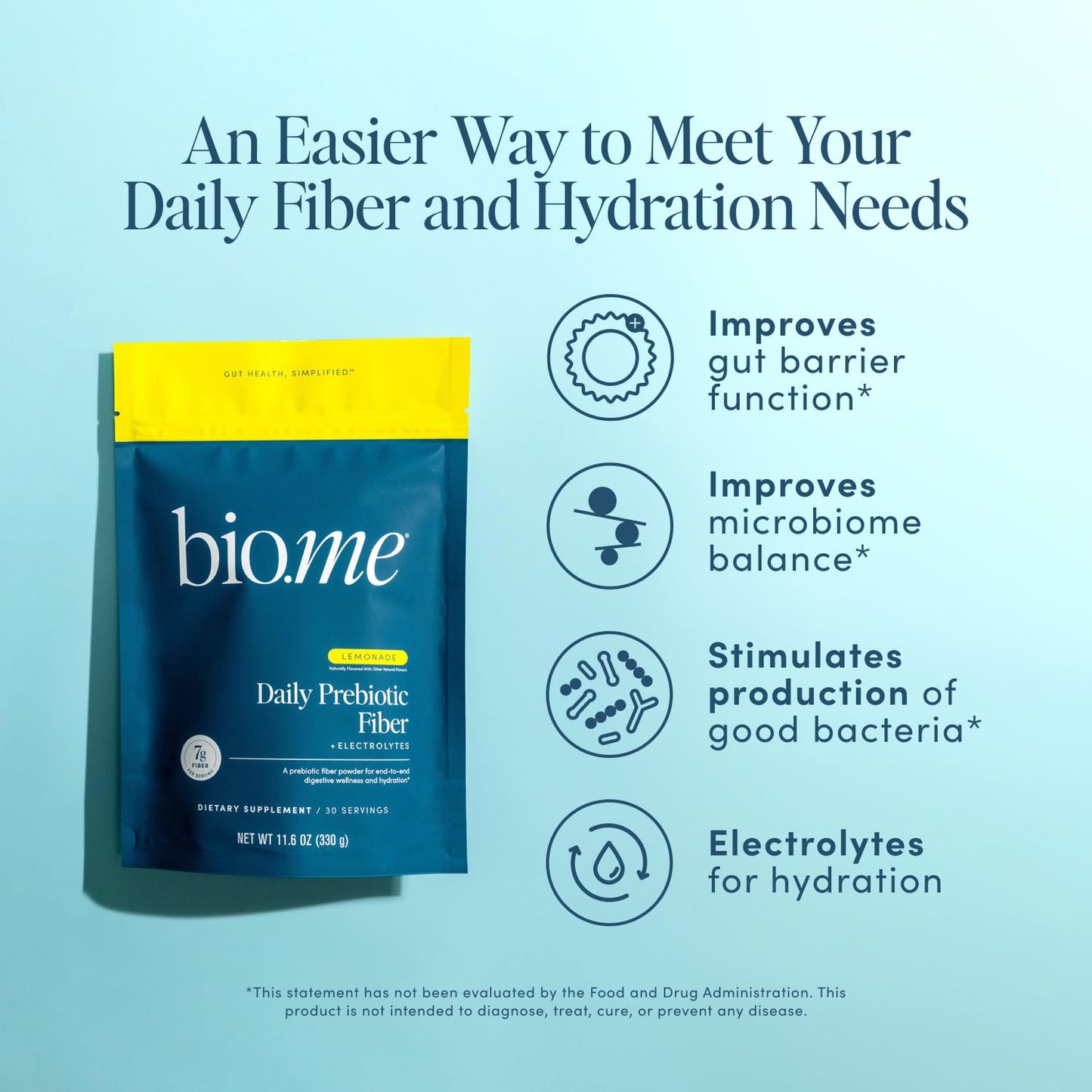 Bio.me Daily Prebiotic Fiber Lemonade with Electrolytes Powder, 30 Servings