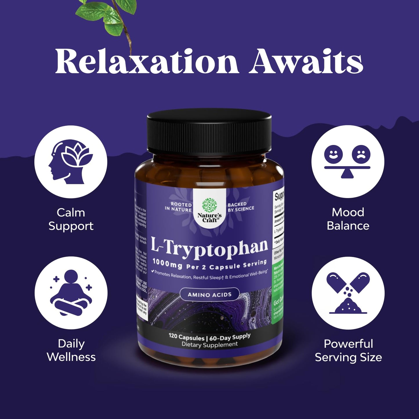 Natures Craft L-Tryptophan Capsule 1000mg per Serving 120 Count