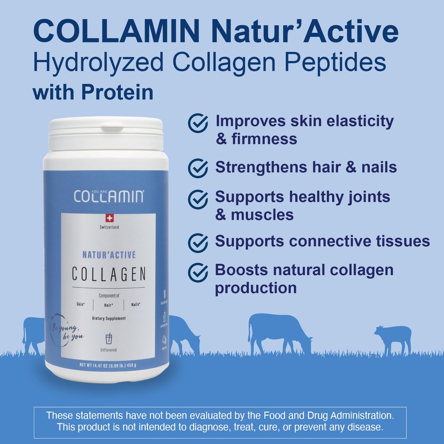 Collamin Natur’Active Hydrolyzed Collagen Peptides from Grass-Fed Swiss Bovine, Unflavored, 9.97 Ounce Powder
