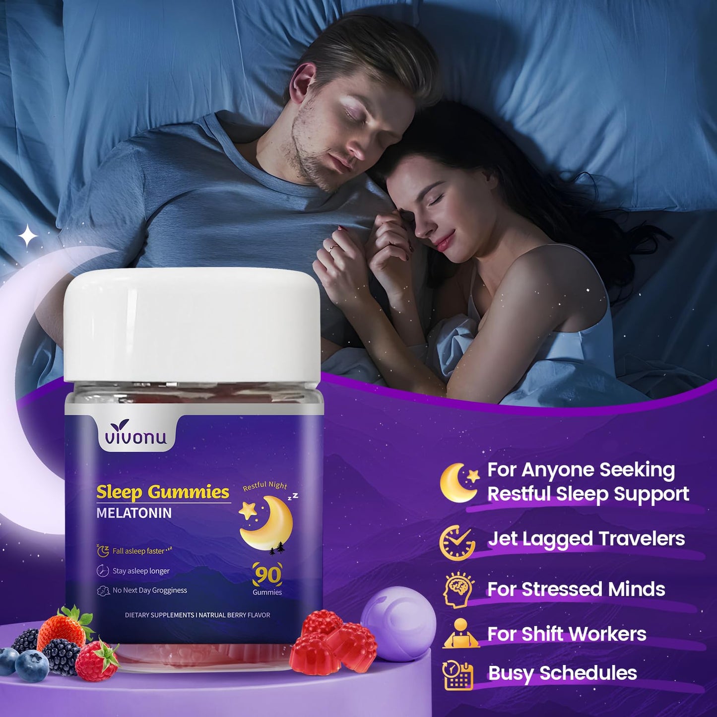 VivoNu Melatonin Gummies 10mg, 9-in-1 Herbal Sleep Aids, 90 Count