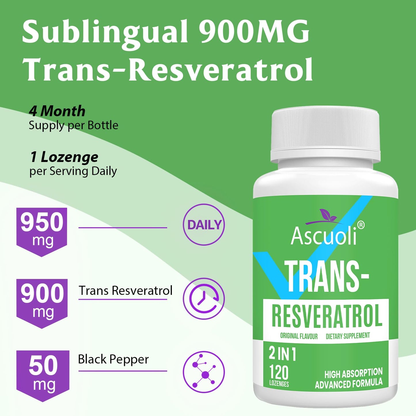 Ascuoli Trans-Resveratrol Purity 99% 3-in-1 Advanced Formula, 120 Tablets