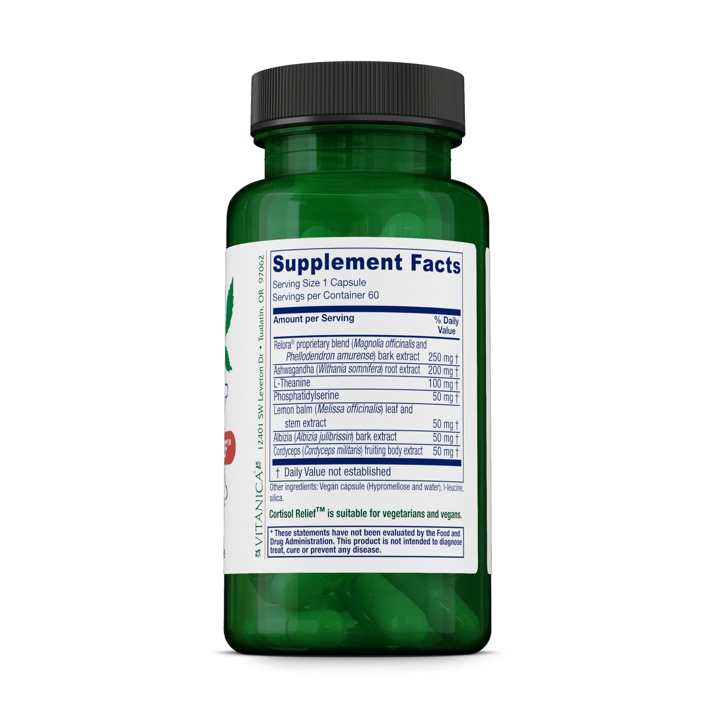 Vitanica Cortisol Relief, Dr. Formulated Sleep, Stress, Cortisol Manager Supplement, Vegan, 60 Capsules
