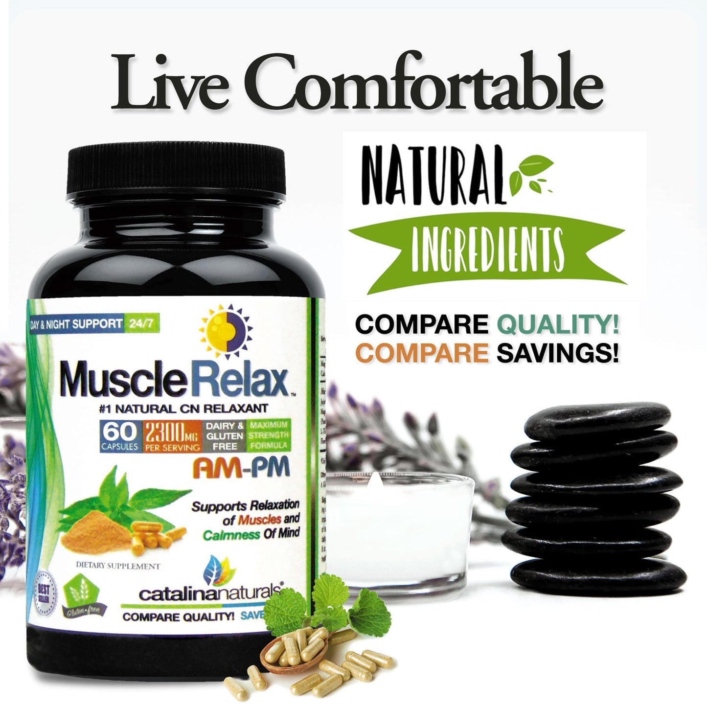 Catalina Naturals The Original Natural Muscle Relaxant AM-PM 24/7 Natural Day/Night Large 2300mg Maximum Strength Plus Magnesium Glycinate Capsule, 60 Count