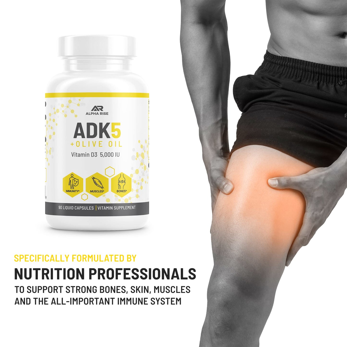 ALPHA RISE ADK Vitamin D3 + K2 with Olive Oil Capsules, 90 Count