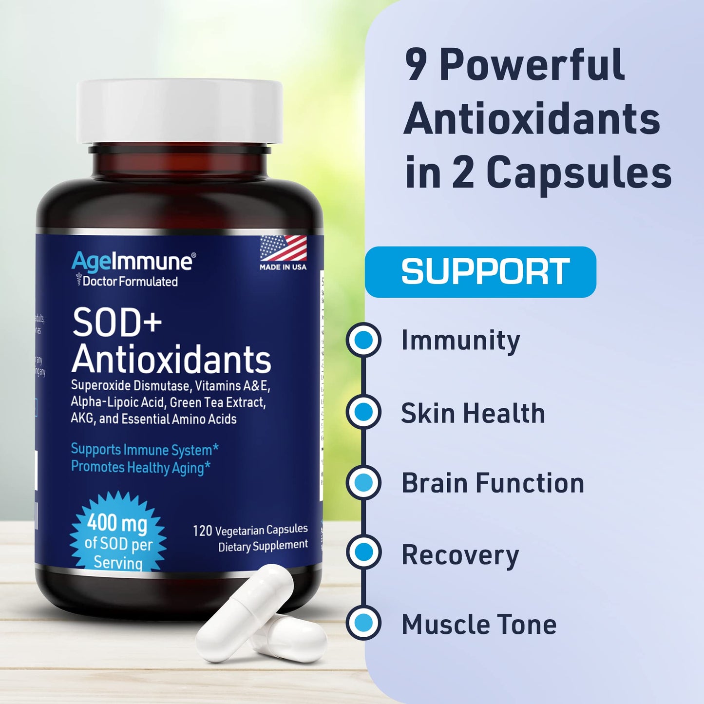 AgeImmune SOD Antioxidants Complex Healthy Aging Supplement 400mg Superoxide Dismutase Capsule, 120 Count