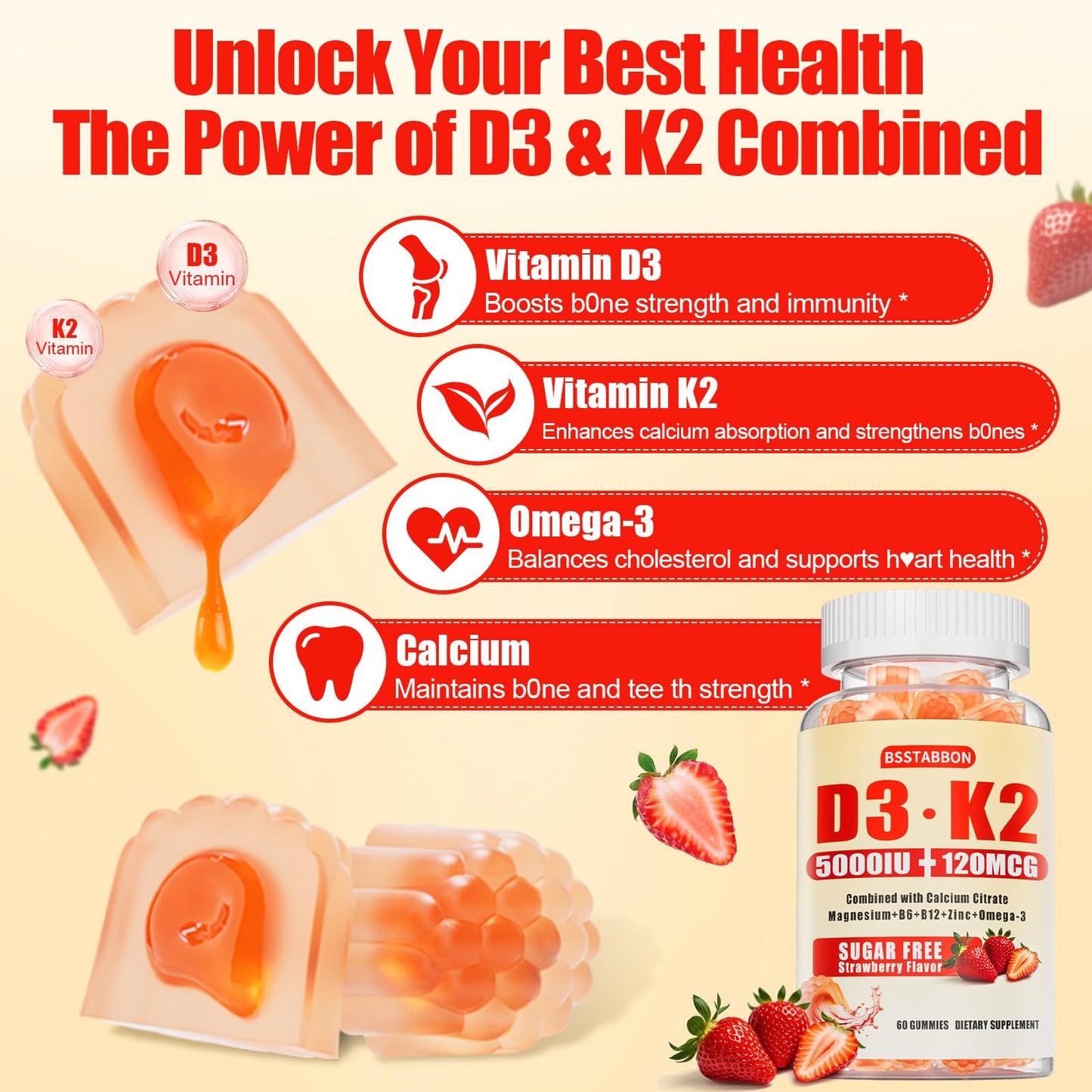 BSSTABBON Vitamin D3 K2 Gummies for Women, 120 Count