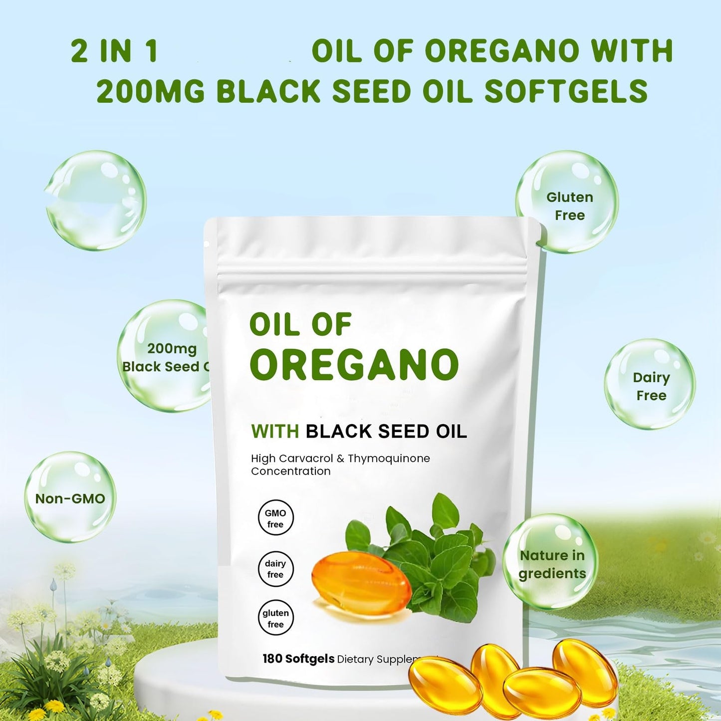 YKJHCSL Oil of Oregano with Black Seed Oil 200mg 360 Capsules