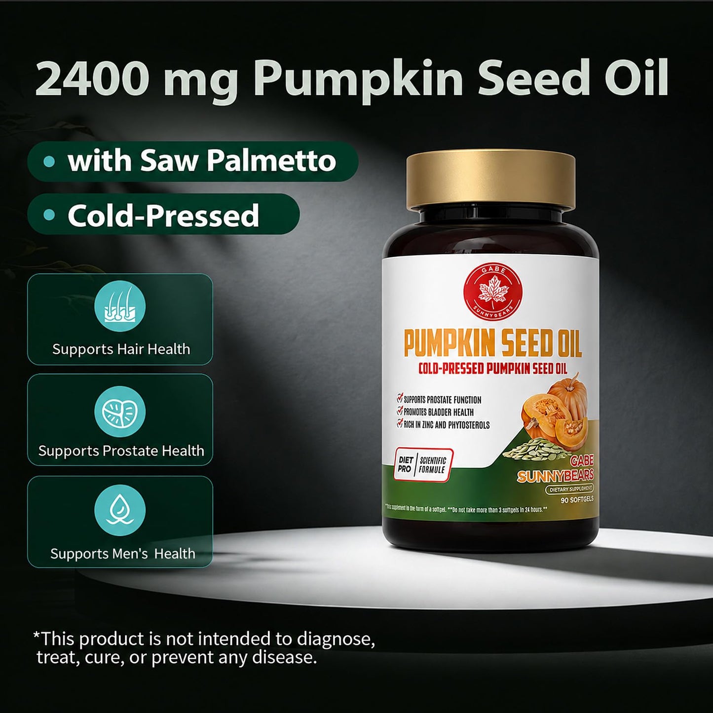 GABE SUNNYBEARS Pumpkin Seed Oil Capsules with Saw Palmetto 2400mg, 90 Softgels