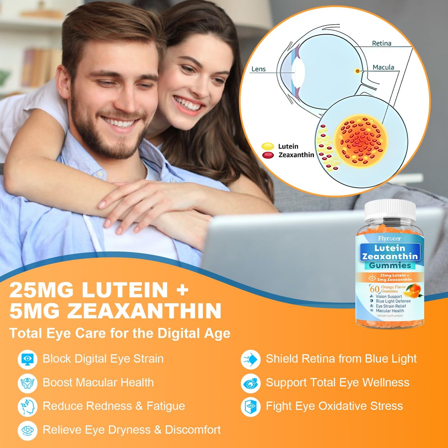 Flyrocer Lutein Gummies 25mg, Lutein and Zeaxanthin Eye Health Formula, Sugar Free, 120 Gummies