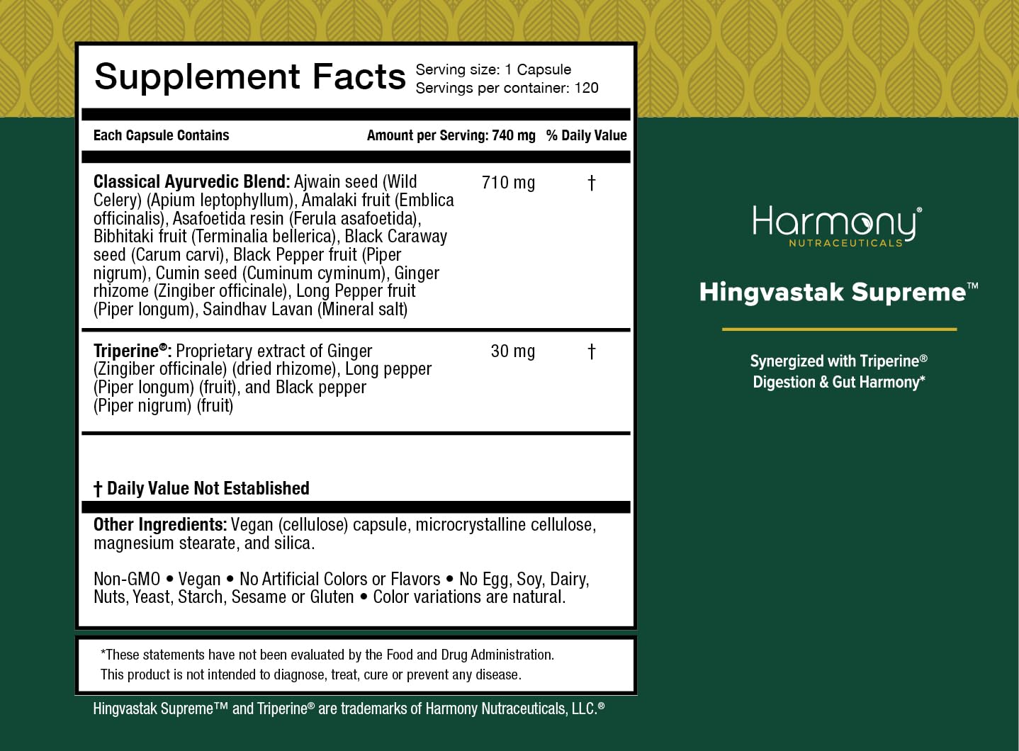 Harmony Nutraceuticals Hingvastak Supreme Ayurvedic Digestive Balance & Gut Harmony Blend with Triperine 120 Capsules