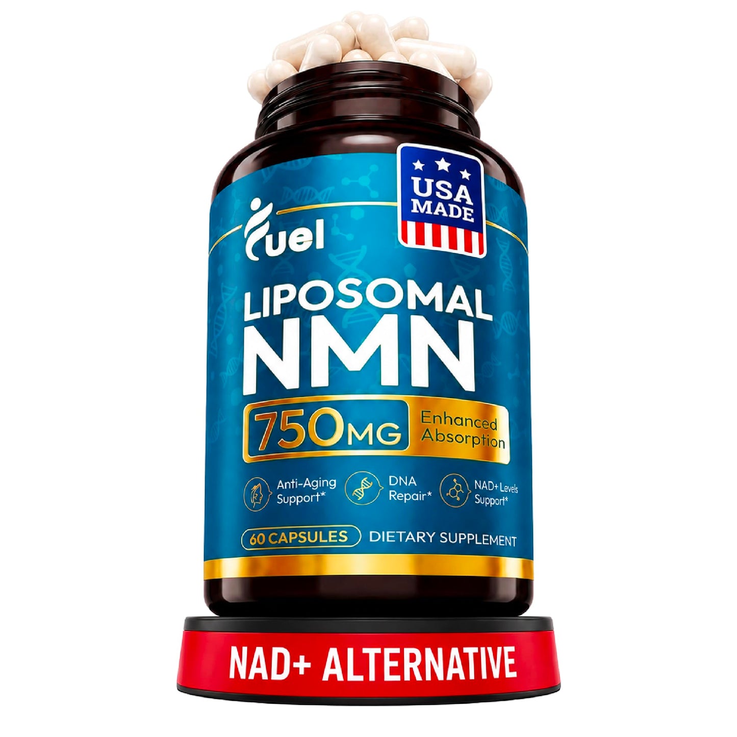 Fuel Liposomal NMN 750mg per Serving (500mg NMN + 250mg TMG) – Enhanced Absorption Nicotinamide Mononucleotide Supplement – NAD+ Support, 60 Capsules