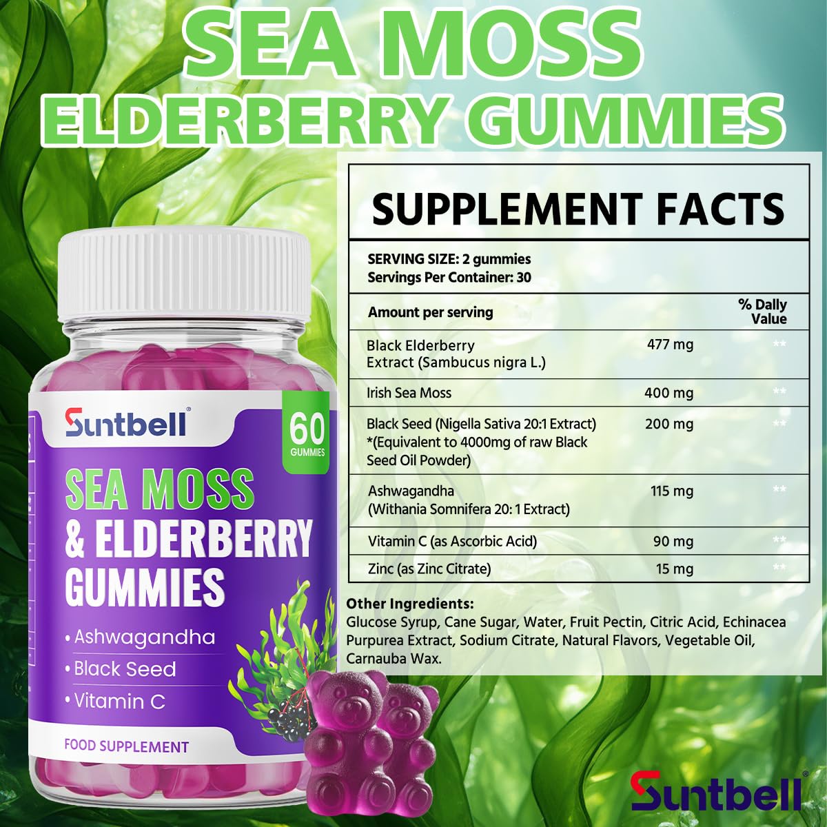 Suntbell Sea Moss Gummies, Immune Support with Elderberry, Ashwagandha, Zinc & Vitamin C, Vegan, Grape Flavor, 60 Gummies