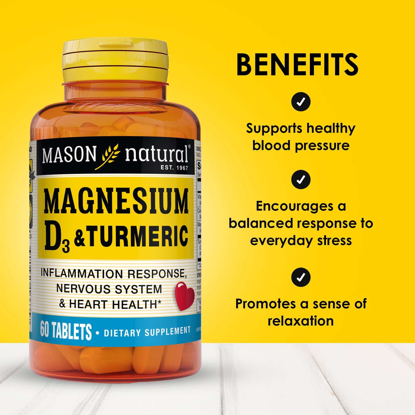 Mason Natural Magnesium & Vitamin D3 with Turmeric Tablets, 60 Count