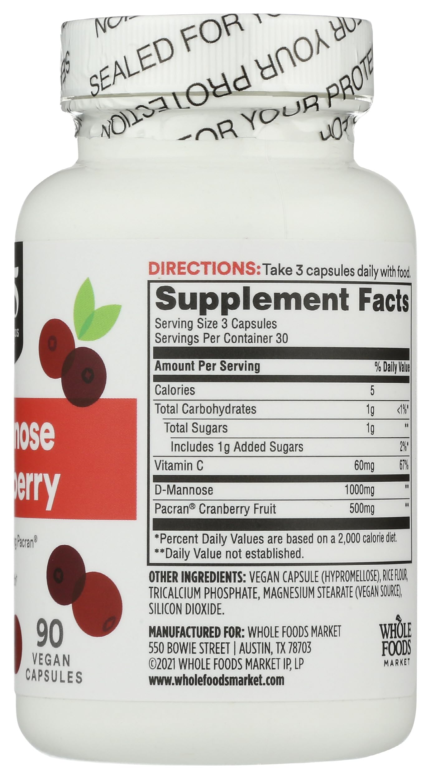 365 by Whole Foods Market D-Mannose With Cranberry Capsules, 90 Capsules