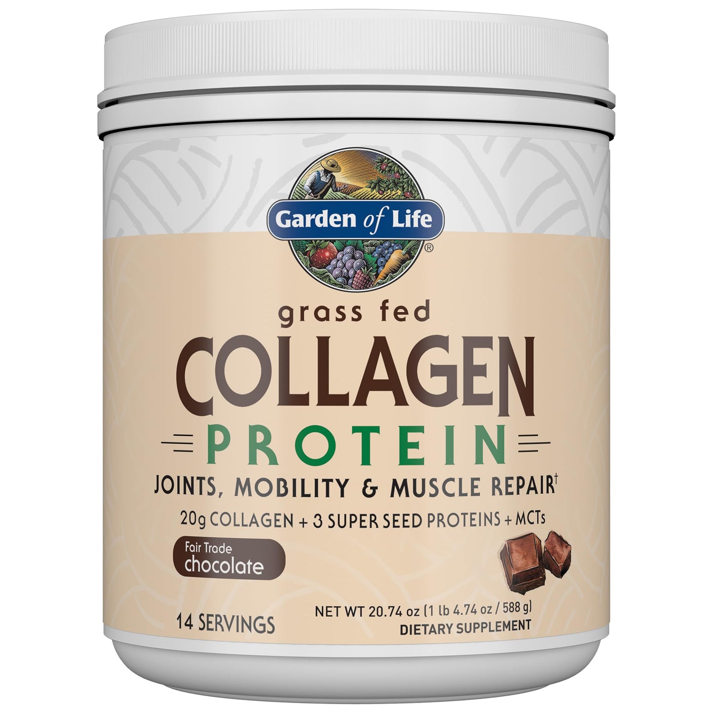 Garden of Life Grass Fed Collagen Protein Powder Chocolate, 14 Servings