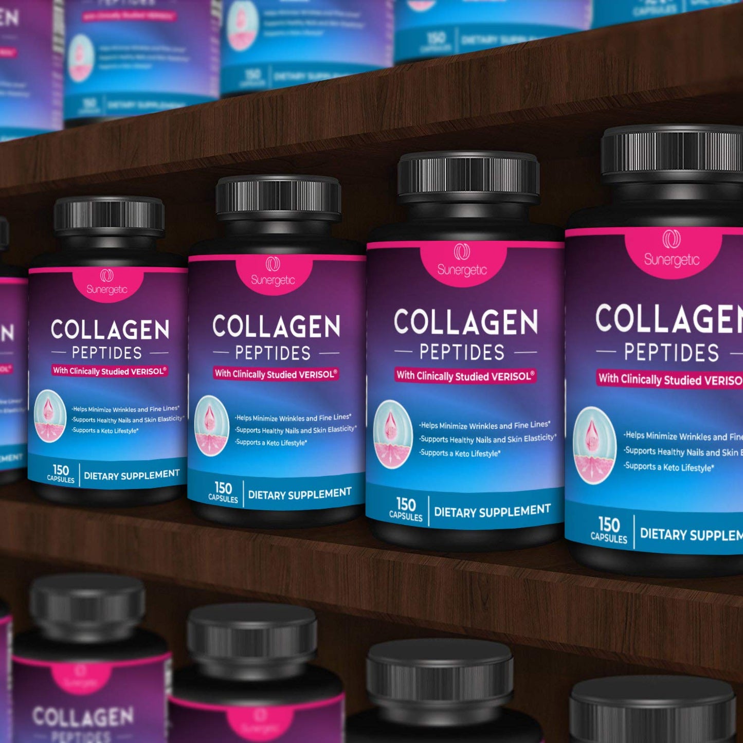 Sunergetic Premium Collagen Peptides Capsules 2500 mg VERISOL Type 1 & Type 3, Multi-Collagen Supplement for Joint Health, Hair, Skin & Nails, 150 Capsules
