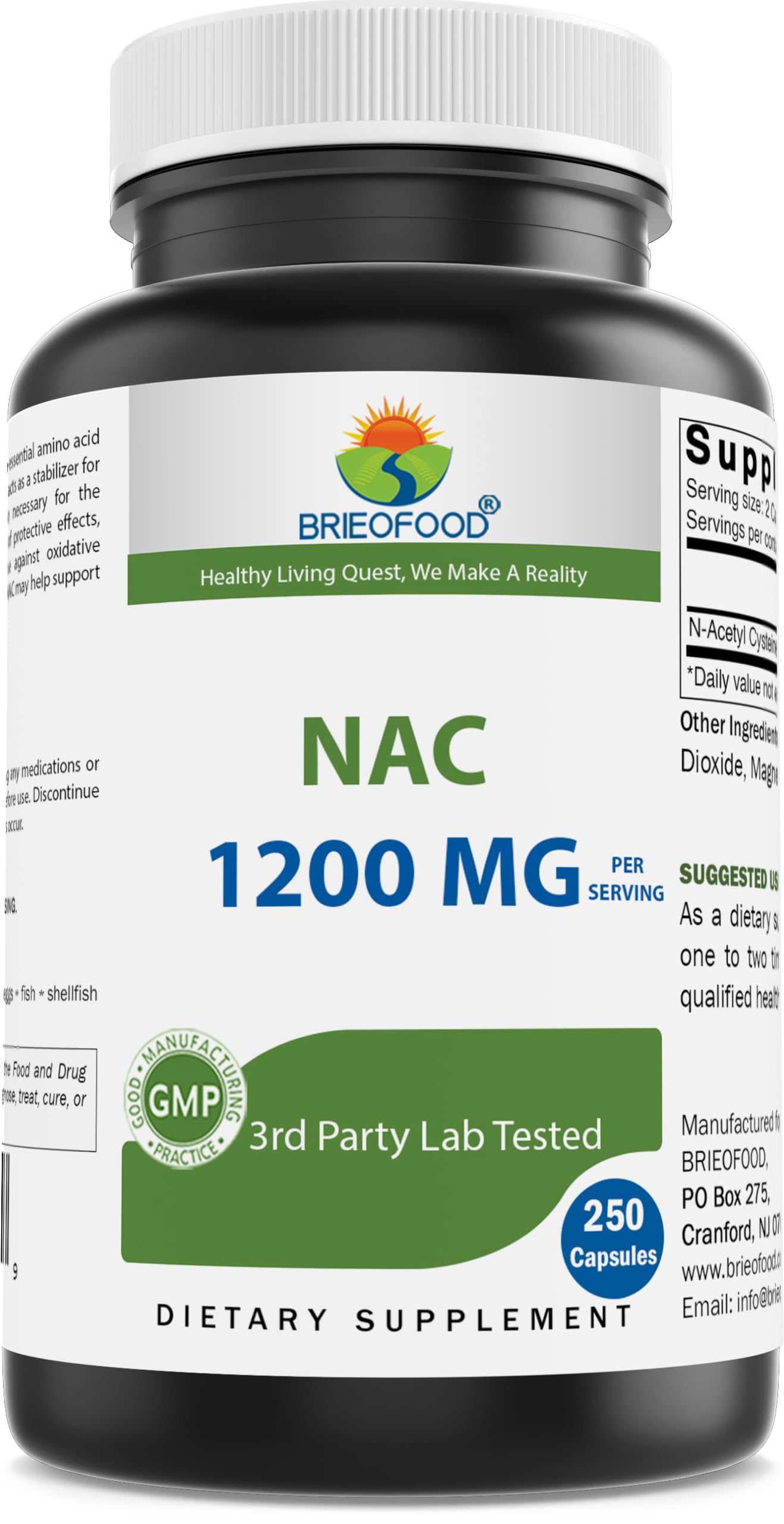 Brieofood N-Acetyl Cysteine (NAC) Supplement 1200 mg per Serving, 250 Capsules