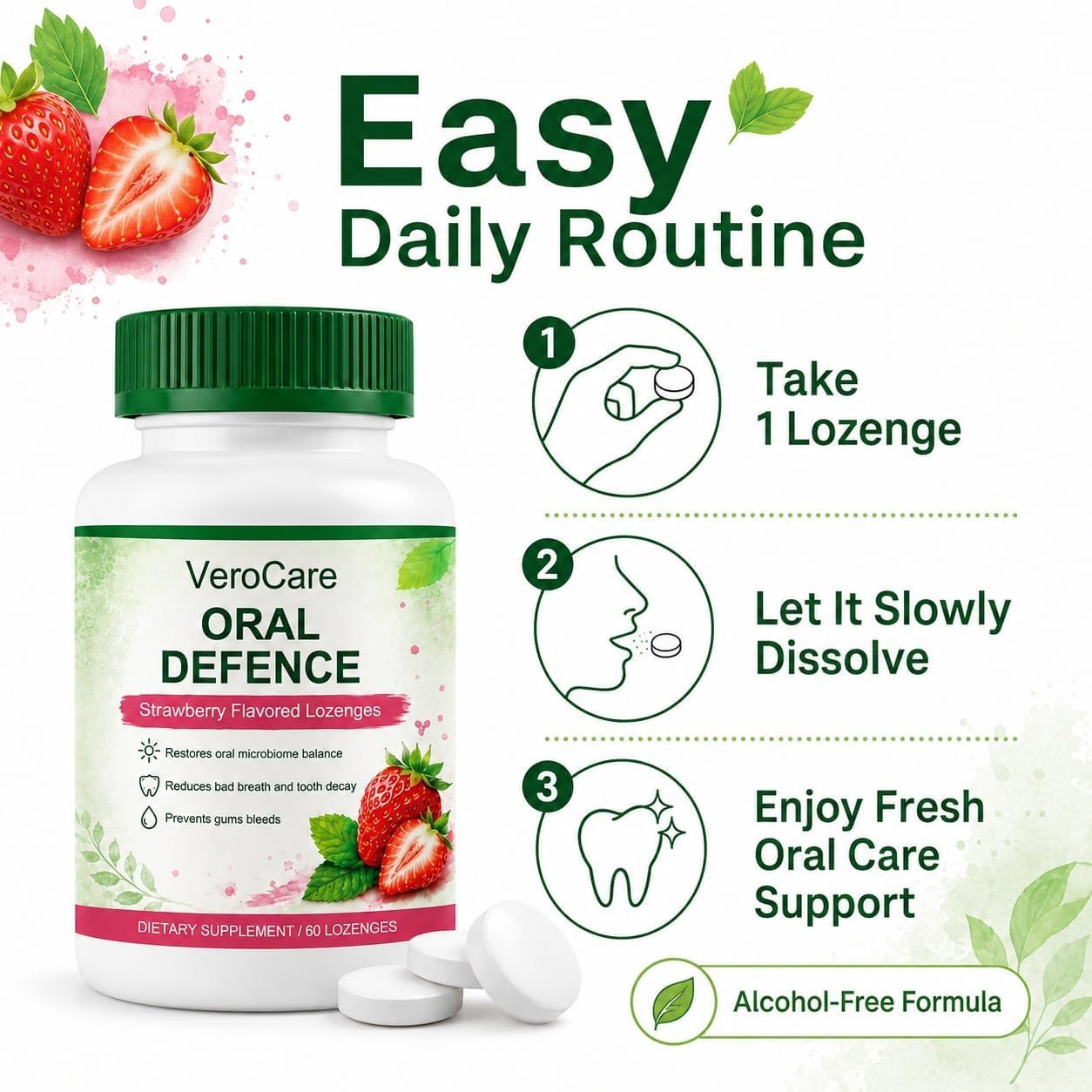 VeroCare Oral Defense Lozenges with Oral Probiotics, Hydroxyapatite, Xylitol & Lactoferrin, Alcohol-Free for Fresh Breath, Gum & Tooth Care, 60 Tablets