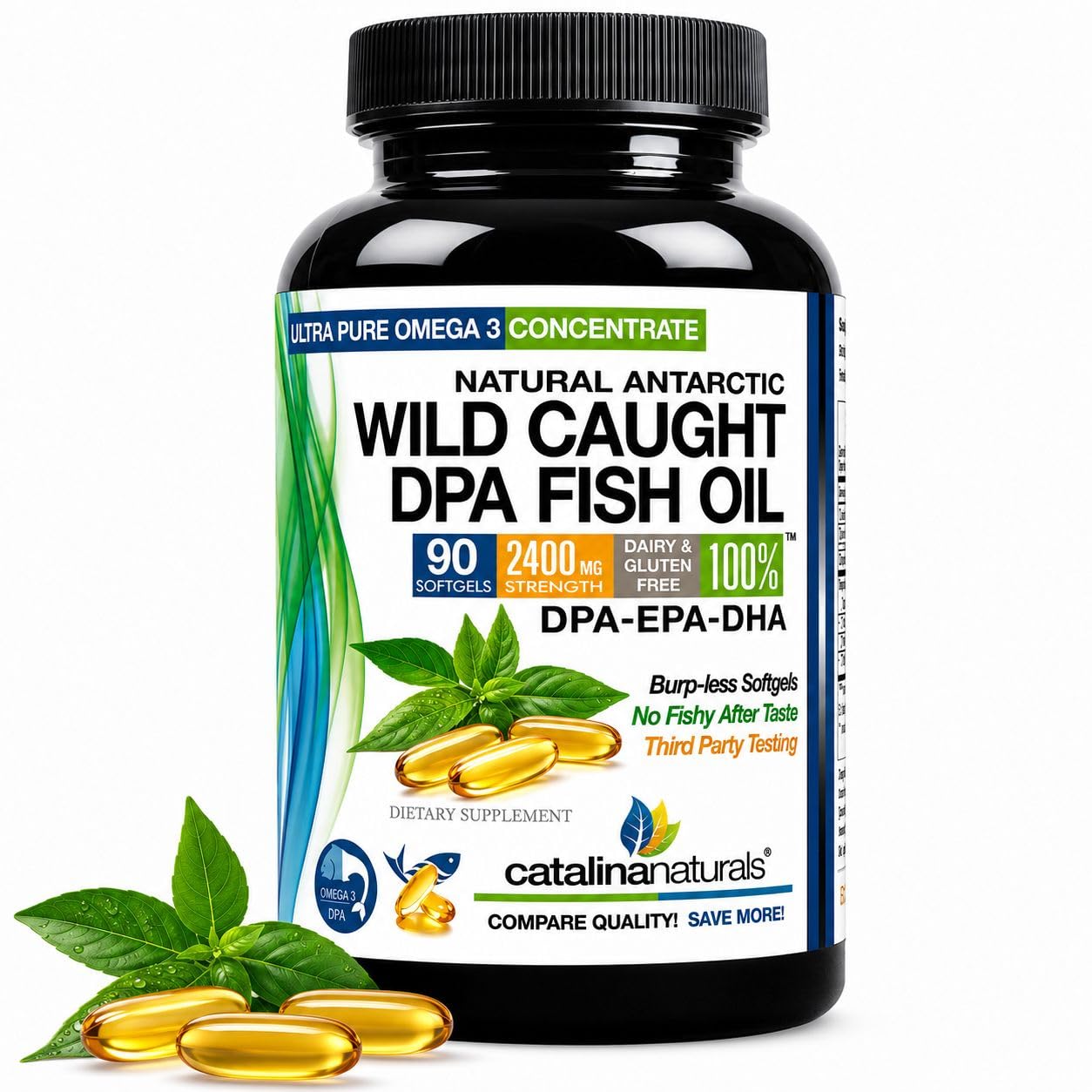 Catalina Naturals Fish Oil Omega-3 Supplement Wild Caught DPA EPA DHA 2900 mg Triple Strength Burp-Free Softgels 90 Count