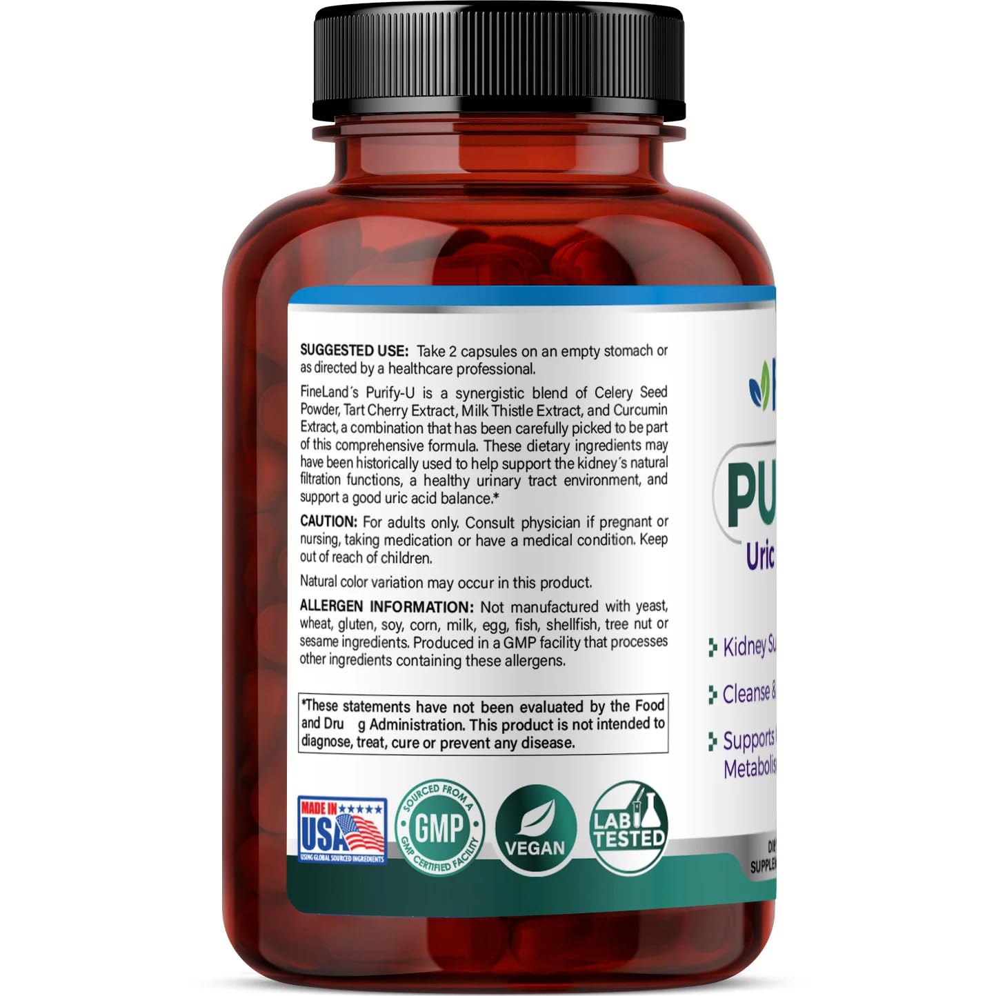 FineLand Purify-U 1,400mg Complex - with Celery Seed, Tart Cherry, Milk Thistle and Curcumin Capsules, 60 Count
