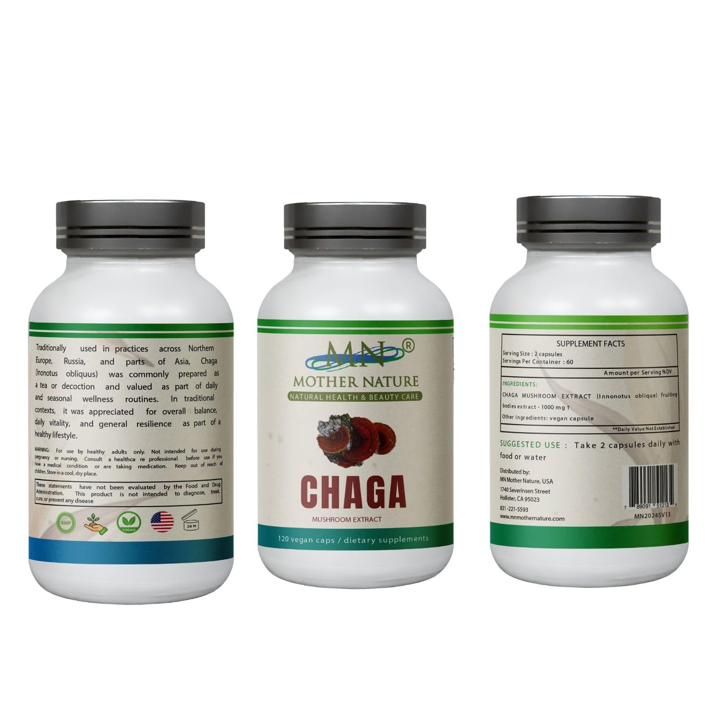 Mn Mother Nature Inc Chaga Mushroom Extract Supplement 1000mg Inonotus Obliquus Fruiting Body Capsules 120 Count