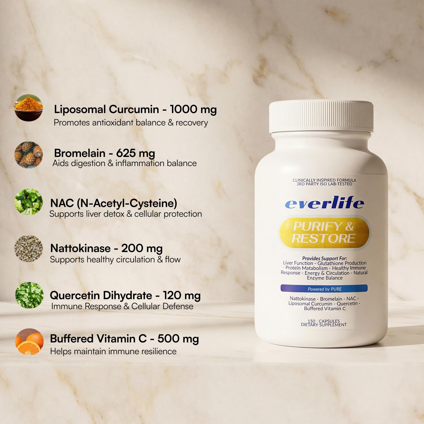 Everlife Spike Protein & Liver Detox Support Supplement Liposomal Curcumin with NAC, Quercetin, Bromelain & Buffered Vitamin C – Circulation, Antioxidant & Immune Support Blend, 150 Capsules