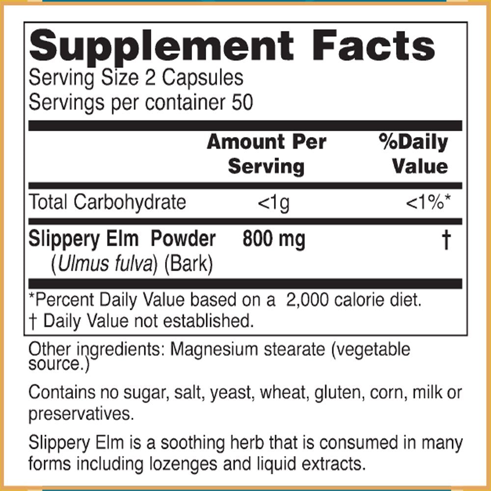 Baar Nature's Blessing Slippery Elm Bark Capsules, 100 Count