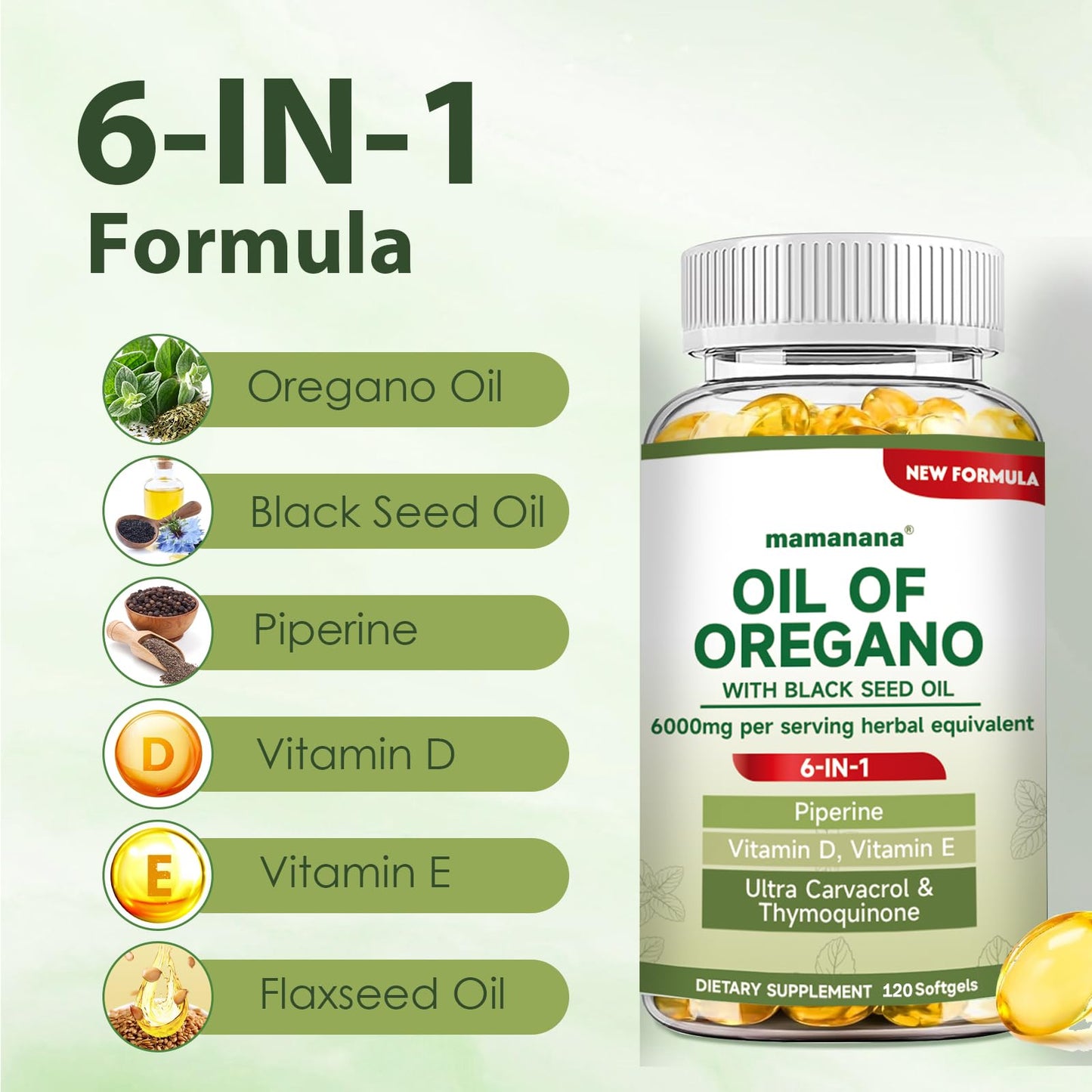 mamanana Oil of Oregano Capsules Organic 6000mg, 6-in-1 Oil of Oregano with Black Seed Oil, Omega-3 (EPA & DHA), Vitamin D + E, Digestive Health & Seasonal Immune Support, Non-GMO, 120 Capsules