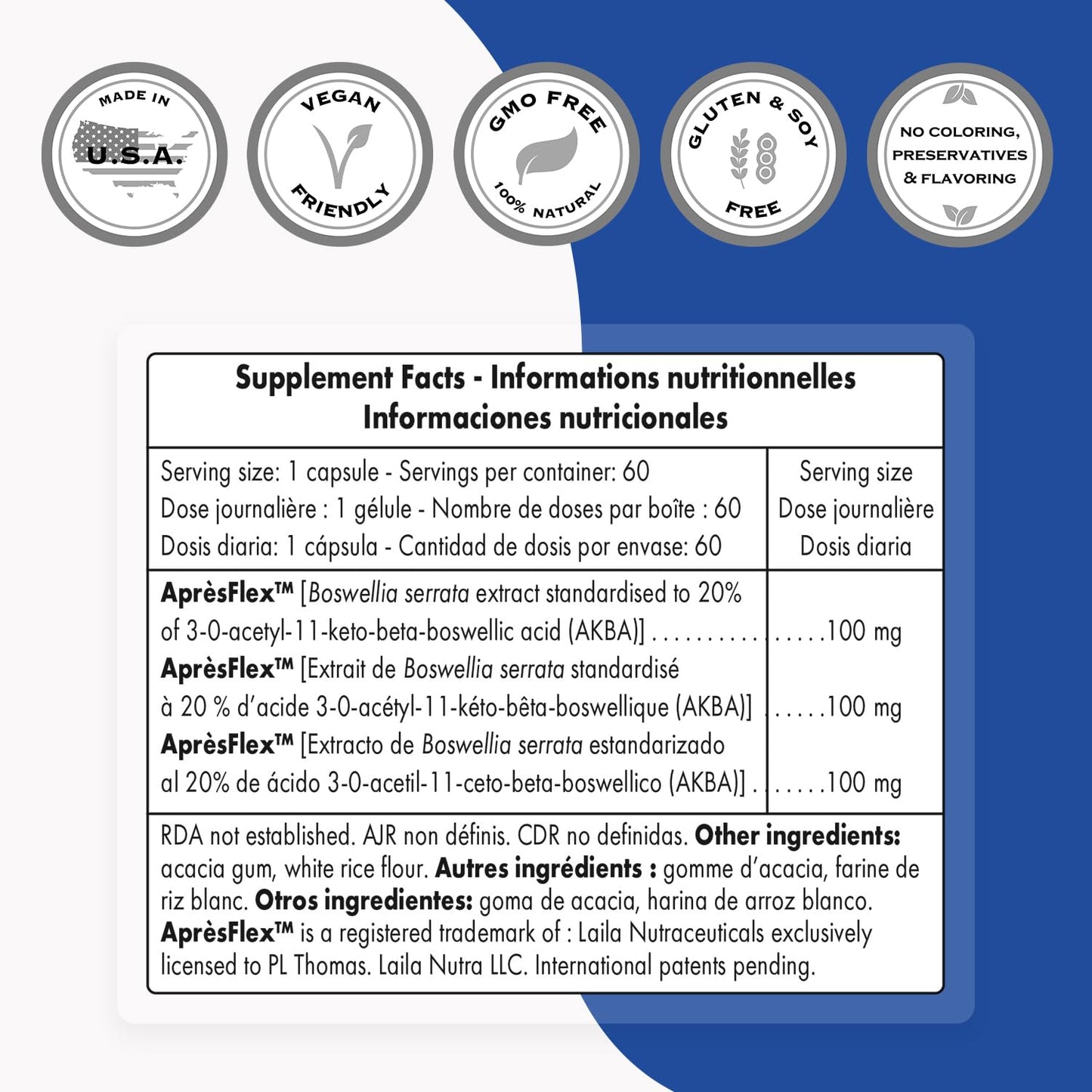 Supersmart Super Boswellia Extract 100mg per Day (Patented & High Strength) ApresFlex Boswellia Serrata Supplement 20% AKBA, Non-GMO & Gluten Free, 60 Vegetarian Capsules