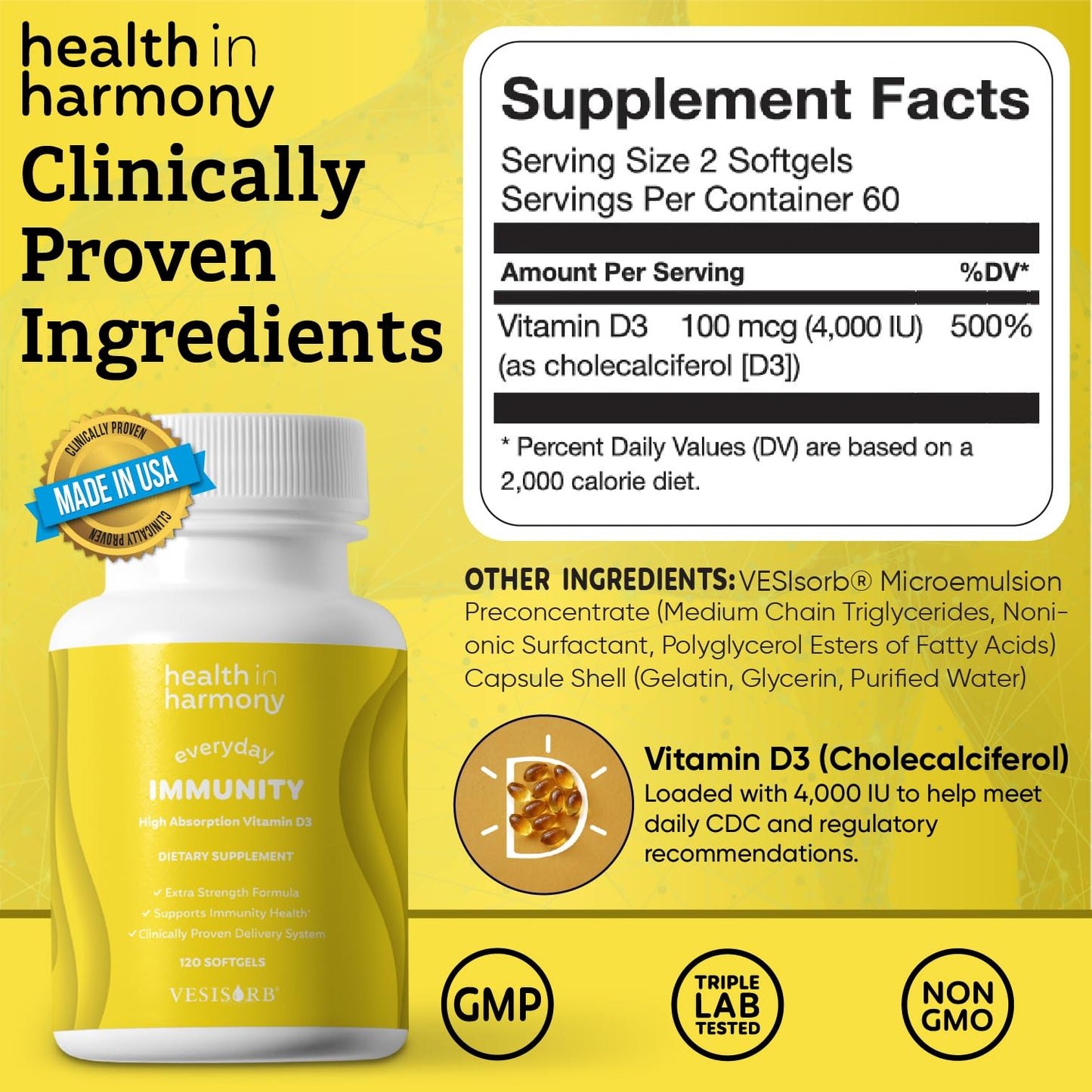 HEALTH IN HARMONY Everyday Immunity 4000 IU Vitamin D3 Supplement Softgels 60