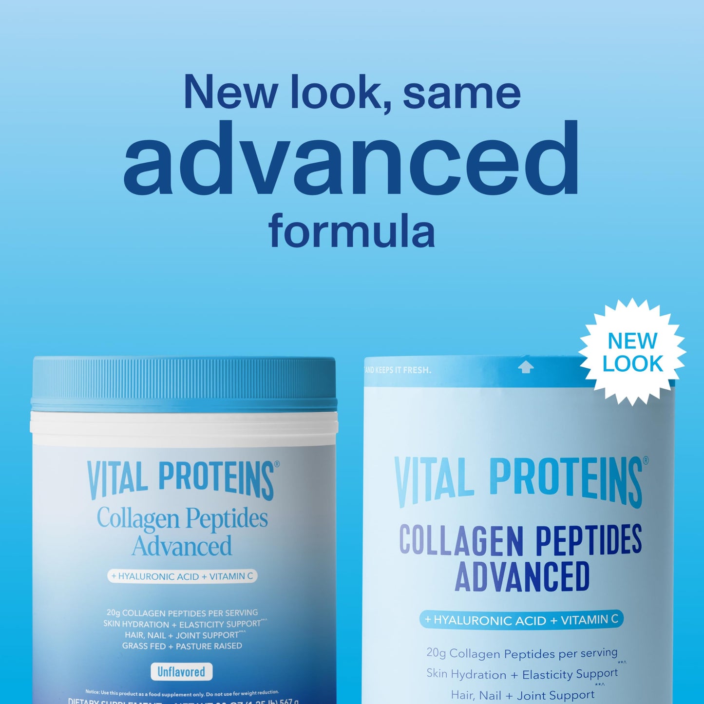 Vital Proteins Collagen Peptides Powder Advanced with Hyaluronic Acid & Vitamin C, Unflavored, 20oz, 27 Servings