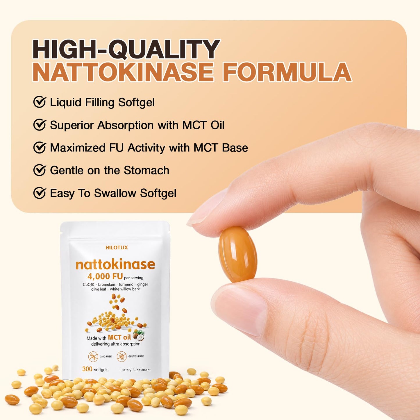 HILOTUX Nattokinase Supplement 4,000 FU, 7-in-1 Formula with CoQ10, Bromelain, Turmeric, Ginger, Olive Leaf & White Willow Bark, MCT Oil Softgels for Bioavailability, 300 Softgels