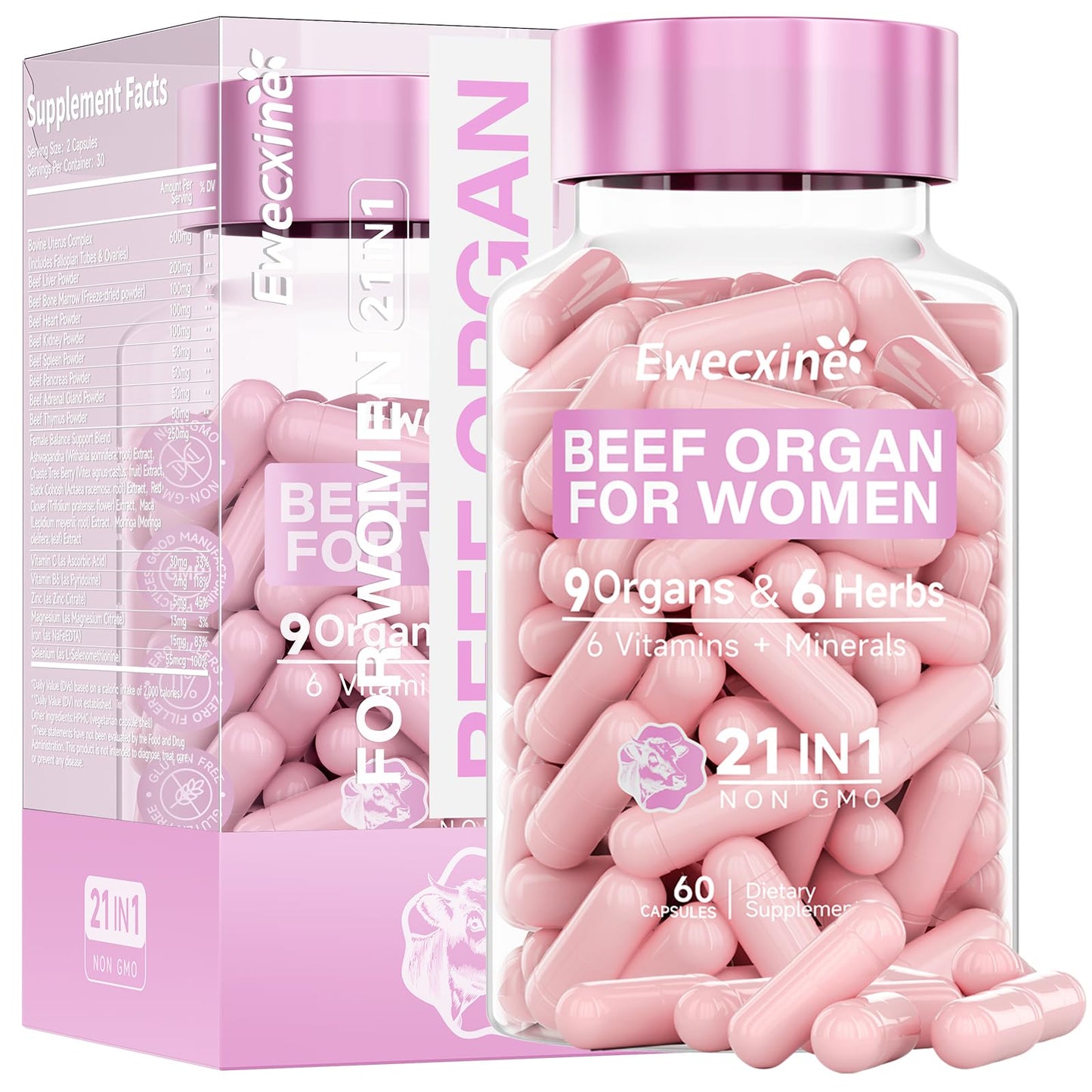 Ewecxine Beef Organ Supplement for Women, 9-Organ Formula, 60 Capsules