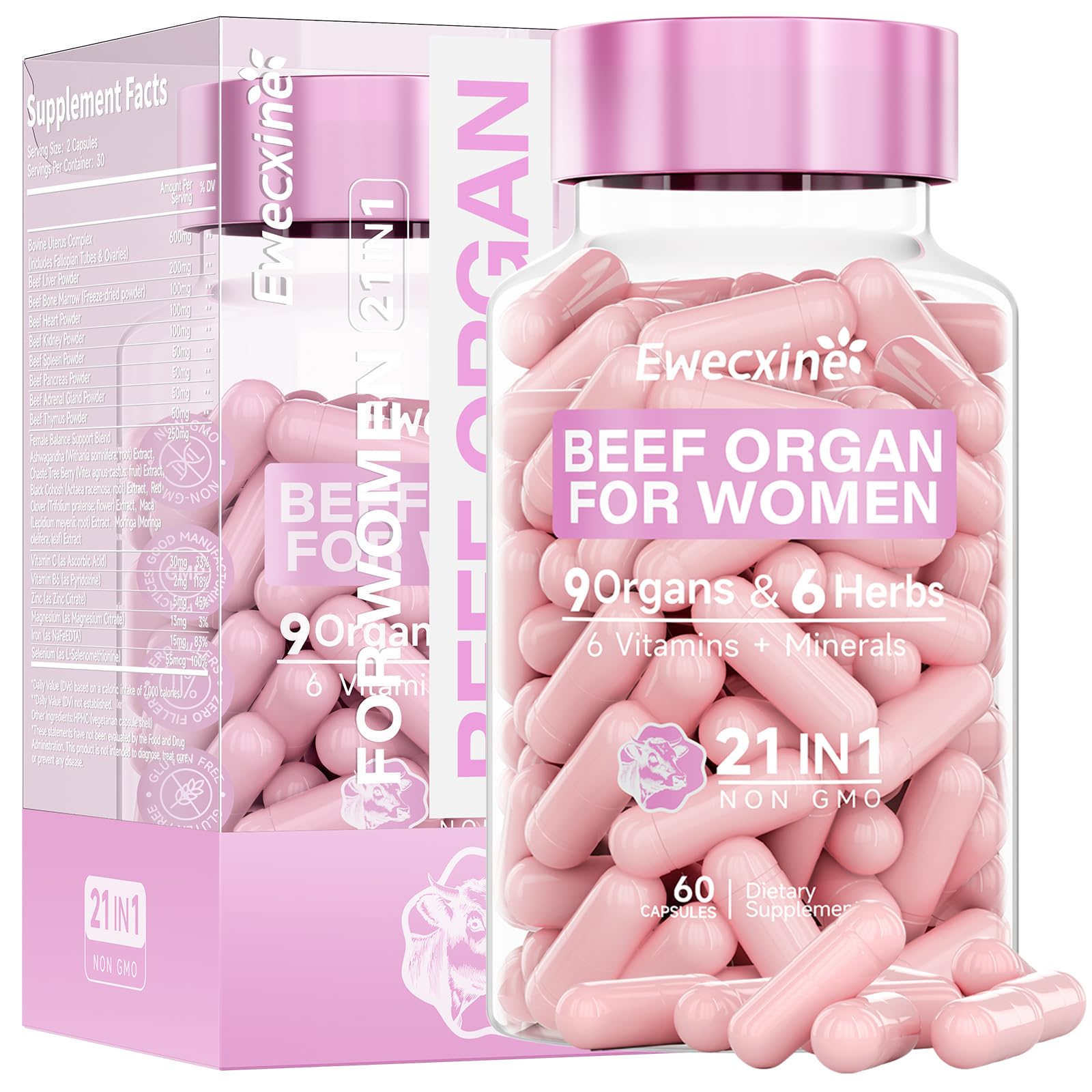Ewecxine Beef Organ Supplement for Women, 9-Organ Formula, 60 Capsules
