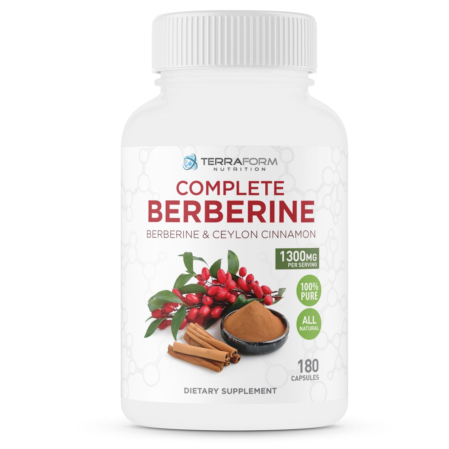 TerraForm Nutrition Berberine Supplement with Ceylon Cinnamon Berberine HCL 1200 mg + 100 mg Cinnamon Capsules, 180 Count