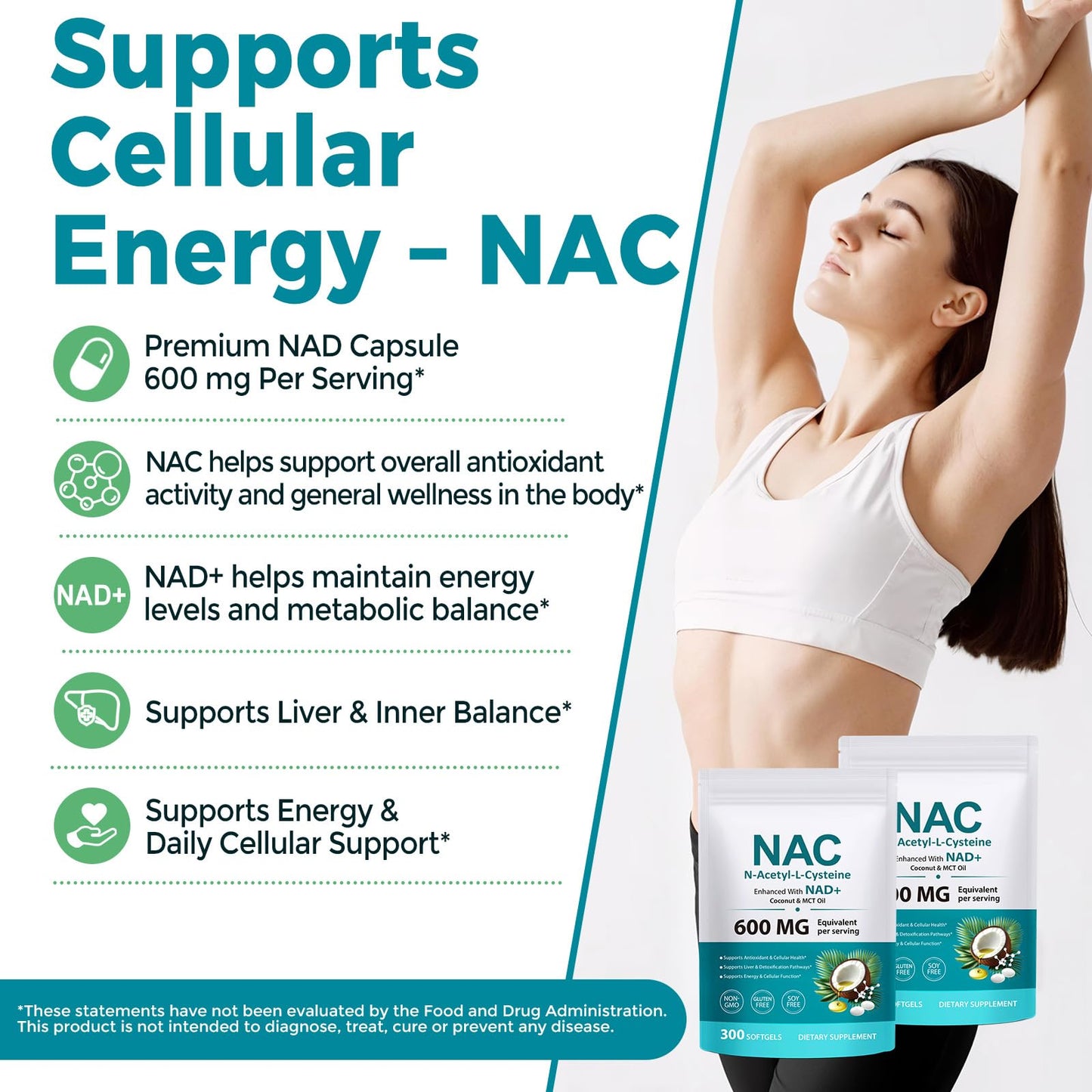 Frovetani NAC Supplement with NAD+, N-Acetyl L-Cysteine Softgels Infused with Coconut & MCT Oil, 300 Softgels