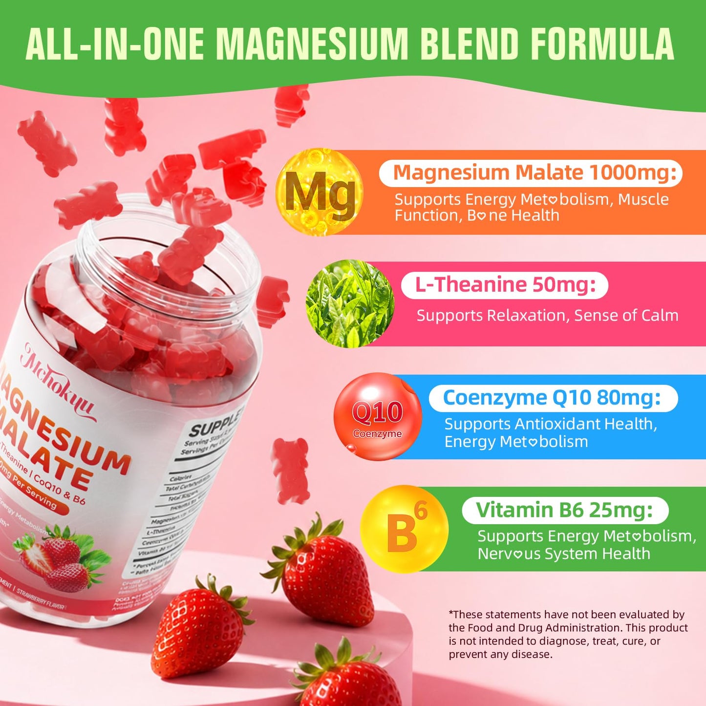Mchokuu Magnesium Malate Gummies 1000mg Supplement, 60 Gummies
