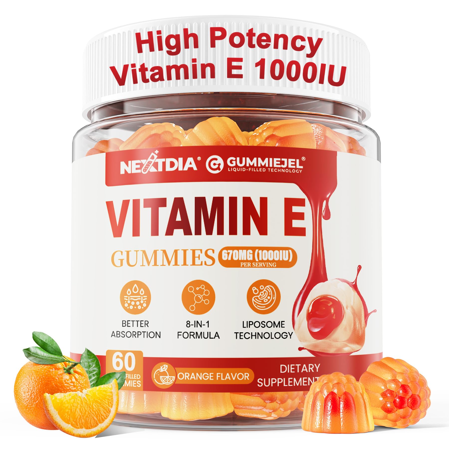 Nextdia Liposomal Vitamin E Gummies 1000IU, Natural Form of Vit E Mixed Tocopherol, 60 Count