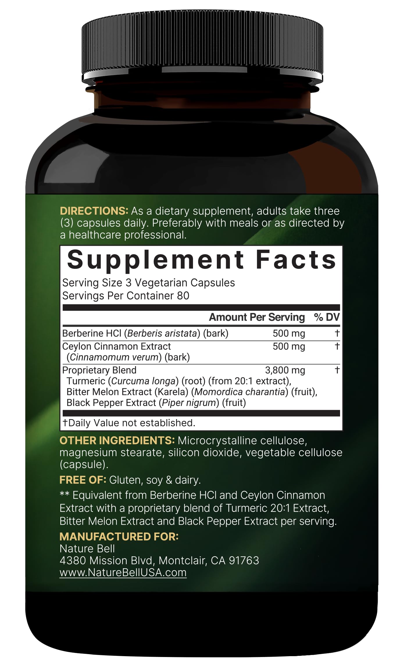 NatureBell Berberine with Ceylon Cinnamon Complex 4,800 mg Per Serving, 240 Capsules