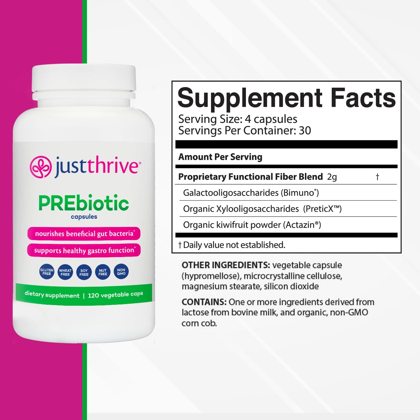 Just Thrive PREbiotic Capsules for Digestive, Gut & Immune Health Support, 120 Capsules