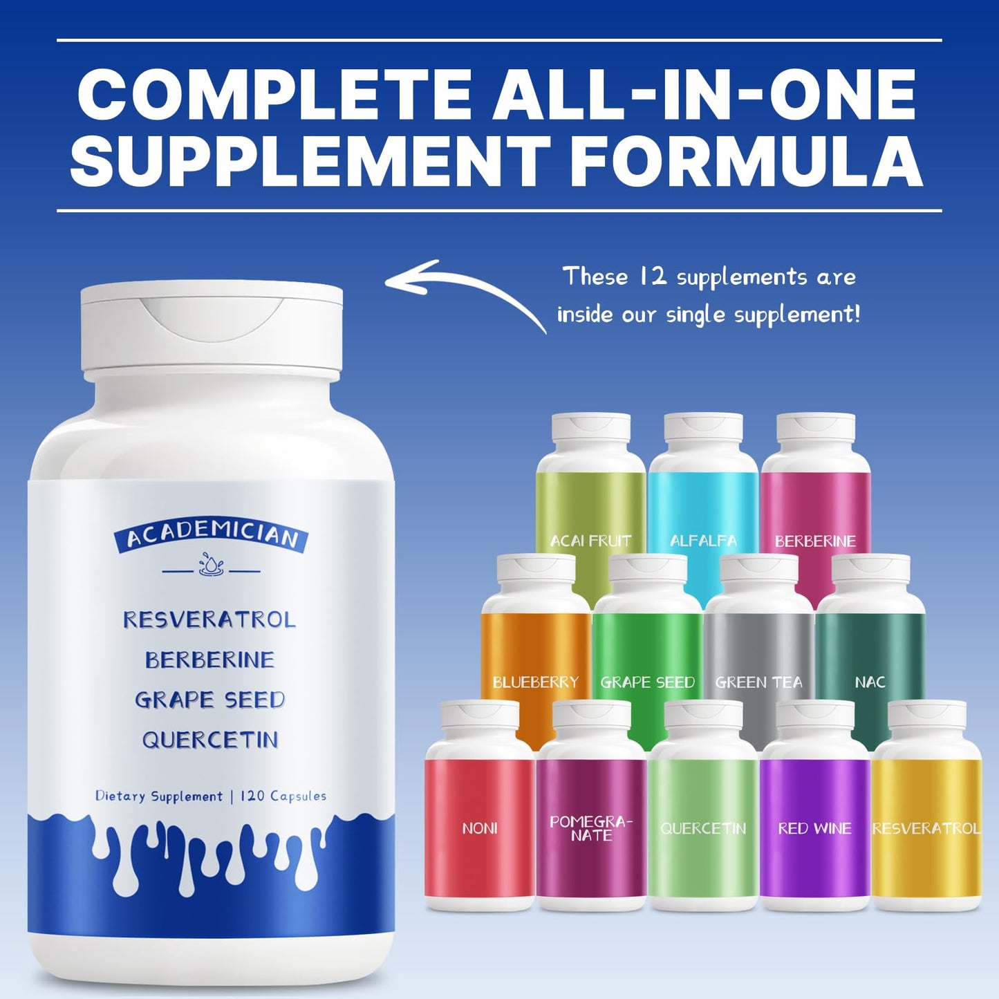 ACADEMICIAN Grape Seed Extract Capsules with Berberine, Resveratrol, Quercetin - 120 Capsules
