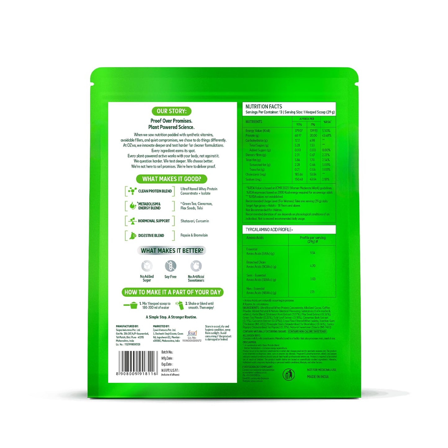 OZIVA Protein & Herbs for Women with Multivitamins, Curcumin, Shatavari, Tulsi, Protein Powder, Cafe Mocha, 1.1 lb